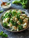 Fresh broccoli and cauliflower salad with Tahini dressing on plate Royalty Free Stock Photo