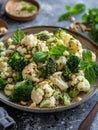 Fresh broccoli and cauliflower salad with Tahini dressing on plate Royalty Free Stock Photo