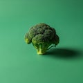 A fresh broccoli floret sits against a solid green background Royalty Free Stock Photo