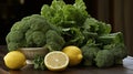 Fresh broccoli, juicy lemons, and crisp salad leaves arranged on a table in a close-up view Royalty Free Stock Photo