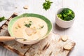 Fresh broccoli soup with croutons and herbs, Food recipe background. Close up Royalty Free Stock Photo