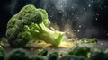 Fresh broccoli on table with seasonings. Healthy food, close-up dark background, copy space. Wellness vegetable diet
