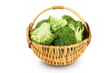 fresh broccoli in wicker basket isolated on white background close-up with full depth of field Royalty Free Stock Photo