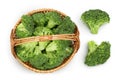 fresh broccoli in wicker basket isolated on white background close-up with full depth of field. Top view. Flat lay Royalty Free Stock Photo