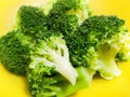 Fresh broccoli on a yellow background in closeup