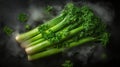 Fresh broccolini stalks with steam on dark background Royalty Free Stock Photo