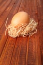 Fresh brown egg in straw nest on wooden background Royalty Free Stock Photo