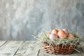 Fresh Brown Eggs in Straw Nest. A rustic wicker basket holding fresh brown eggs nestled in straw Royalty Free Stock Photo