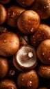 Fresh Brown Mushrooms Top View Background With Visible Drops Of Water - Generative AI