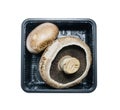 Fresh brown portabello mushroom in black plastic box on white background.