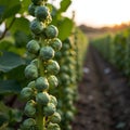Fresh Brussels sprouts on stalks in a sunny vegetable garden Royalty Free Stock Photo