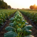 Fresh Brussels sprouts on stalks in a sunny vegetable garden Royalty Free Stock Photo