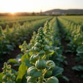 Fresh Brussels sprouts on stalks in a sunny vegetable garden Royalty Free Stock Photo