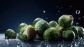 Fresh brussels sprouts with water drops on a dark background