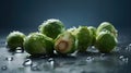 Fresh brussels sprouts with water drops on dark background