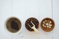 Fresh bubble hot black coffee in pure white ceramic cup on white wooden table, coffee love concept, copy space