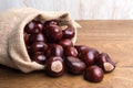 Fresh buckeye chestnut scattered of the burlap bag on wood Royalty Free Stock Photo