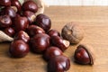 Fresh buckeye chestnut scattered of the burlap bag on wood Royalty Free Stock Photo