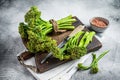 Fresh bunch of Broccolini sprouts on cutting board ready for cookining. White background. Top view