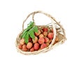 Fresh bunch of lychees fruit in rattan basket isolated on white background Royalty Free Stock Photo