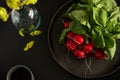 Fresh bunch of radishes with leaves lies on a black plate Royalty Free Stock Photo