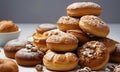 Fresh buns and doughnuts with nuts and icing sugar Royalty Free Stock Photo