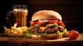 fresh burger burger made of bun, onion, tomato, ketchup, mayonnaise, cheese, lettuce, meat patty, beef, fries and