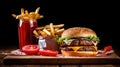 fresh burger burger made of bun, onion, tomato, ketchup, mayonnaise, cheese, lettuce, meat patty, beef, fries and