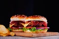 Fresh burger closeup on wooden rustic table with potato fries and chips. Royalty Free Stock Photo