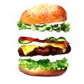 Fresh Burger Ingredients, Tasty Hamburger, Fresh Burger With Lettuce, Cheese, Tomato, Meat, Cucumber, Bun, Fast Food
