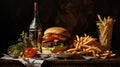 fresh burger burger made of bun, onion, tomato, ketchup, mayonnaise, cheese, lettuce, meat patty, beef, fries and