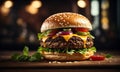Fresh burgers on a wooden table, fast-prepared meals, restaurant addicts