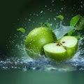 Fresh burst Water splashing on a green apple and cut slice Royalty Free Stock Photo