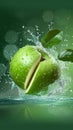 Fresh burst Water splashing on a green apple and cut slice Royalty Free Stock Photo