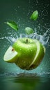 Fresh burst Water splashing on a green apple and cut slice Royalty Free Stock Photo
