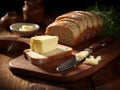 fresh butter cut into pieces and bread on the wooden plate Royalty Free Stock Photo