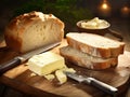 fresh butter cut into pieces and bread on the wooden plate Royalty Free Stock Photo