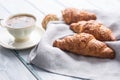 Fresh buttery croissants with coffee. Sweet morning breakfast concept Royalty Free Stock Photo