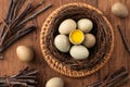 Fresh button quail eggs in a nest on wooden table background Royalty Free Stock Photo