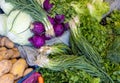 Fresh cabbage, green onions, dill, potatoes and other vegetables on the counter of the farmers market. Royalty Free Stock Photo