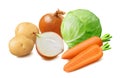 Fresh cabbage, potato, carrot, onion vegetables isolated on white background