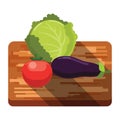 Fresh Cabbage, Tomato, Eggplant on a Cutting Board