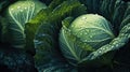 Fresh Cabbage With Water Drops On Nature Background, Top View