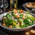 Fresh caesar salad with parmesan cheese and croutons.