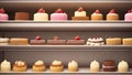 Fresh cake on a bakery shelve, various types of delicious cake and cake rolls in realistic ai generated