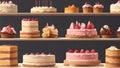 Fresh cake on a bakery shelve, various types of delicious cake and cake rolls in realistic ai generated
