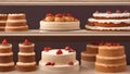 Fresh cake on a bakery shelve, various types of delicious cake and cake rolls in realistic ai generated