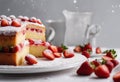 fresh cake lots sugar powdered cake Strawberry simple white sprinkled Shot strawberries background yellow Homemade top