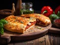 Fresh calzone pizza with vegetable ragout filling on a wooden cutting board over rustic background Royalty Free Stock Photo