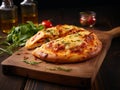 Fresh calzone pizza on a wooden cutting board on rustic background Royalty Free Stock Photo